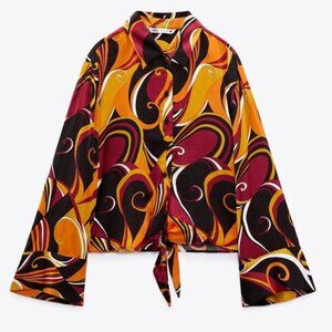 Zara Abstract Blouse Bell Sleeves Disco Retro Funky Hippie Long Sleeve Small NWT